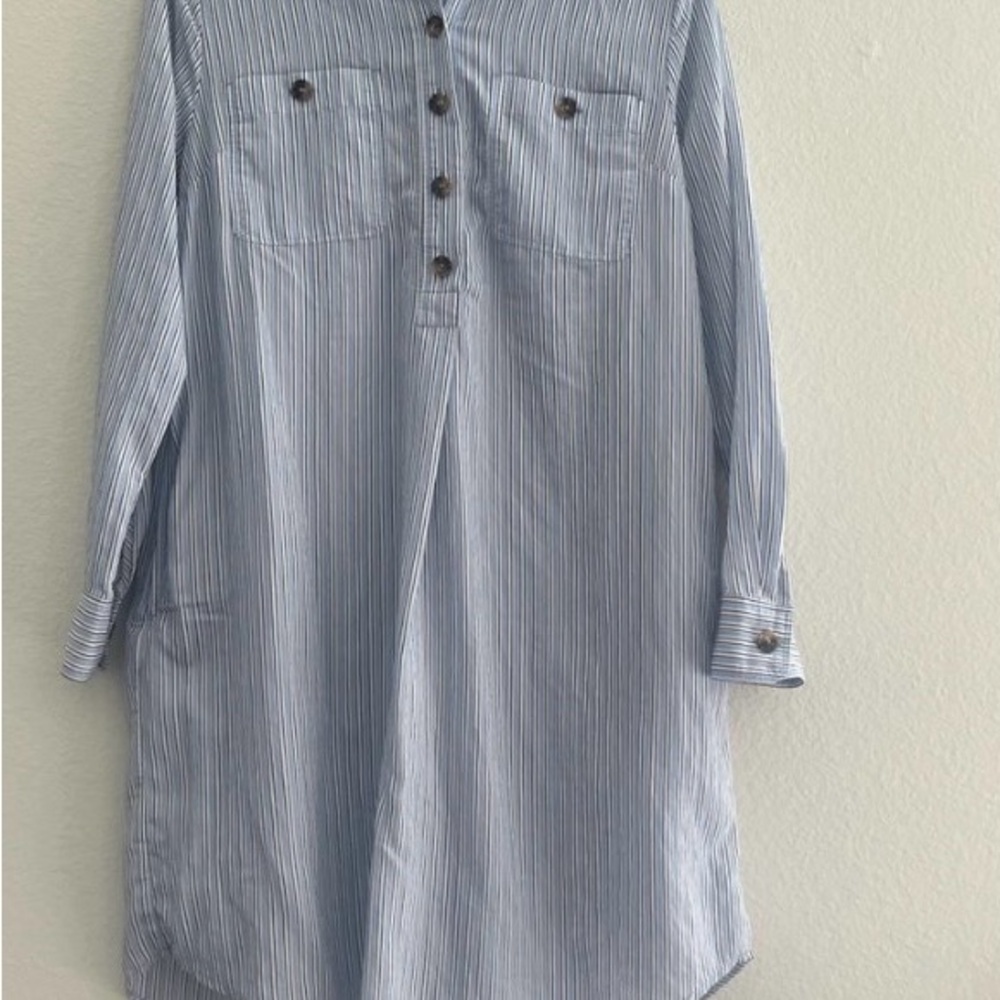 LOFT Women's Light Blue Striped Button Down Dress